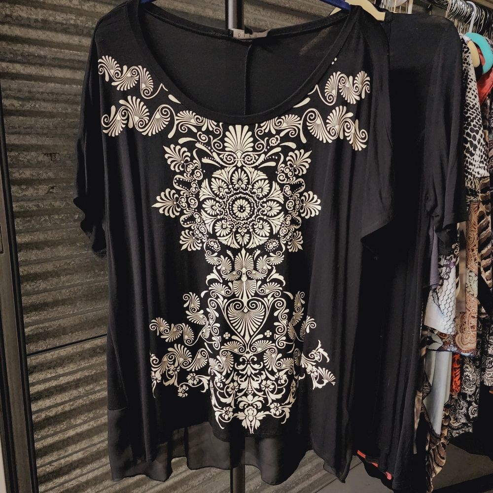 1X Black Floral Medallion Damask Print Wide Neck Blouse with Rhinestones